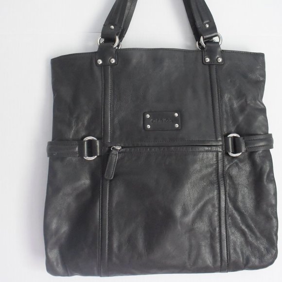 Large Calvin Klein Black Leather Tote Handbag Gently Used VG Condition - Picture 1 of 16